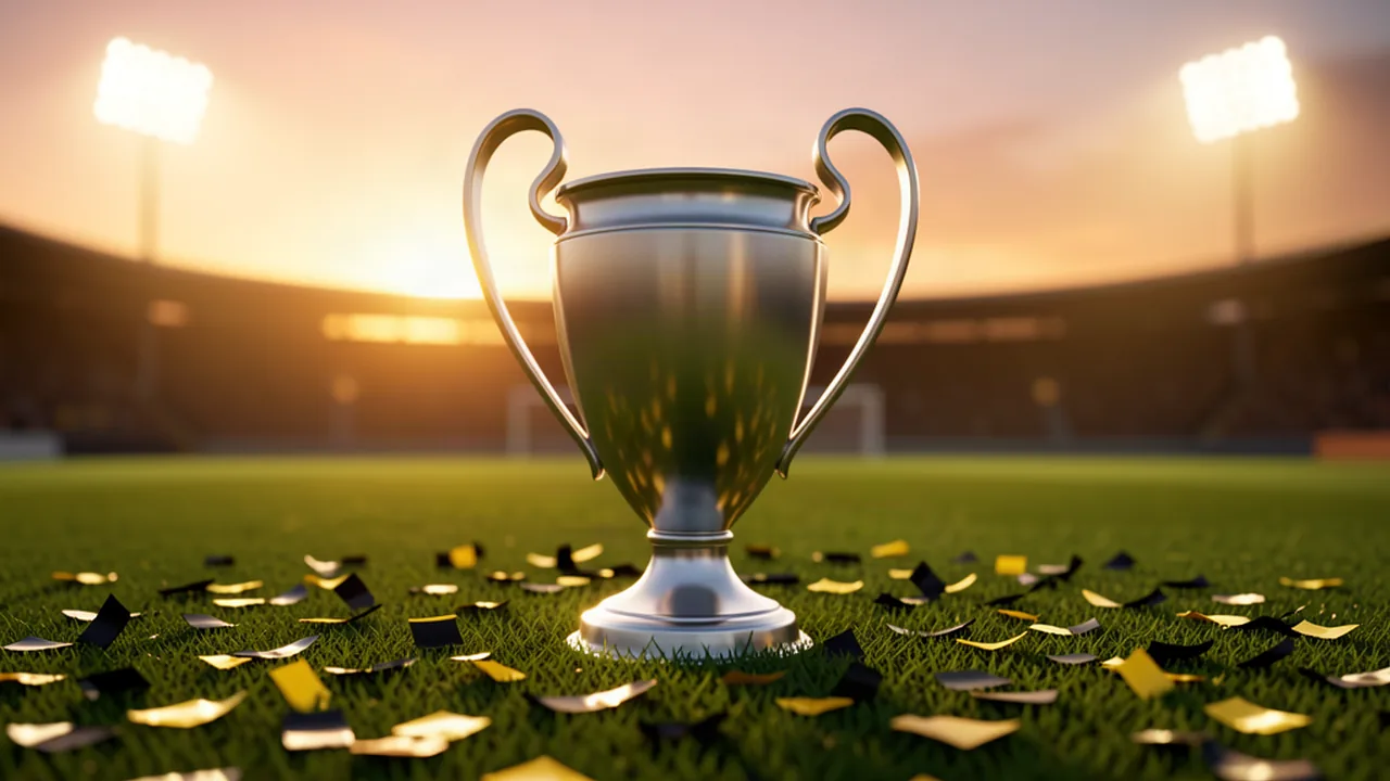 كأس ذهبية عند الغروب على العشب