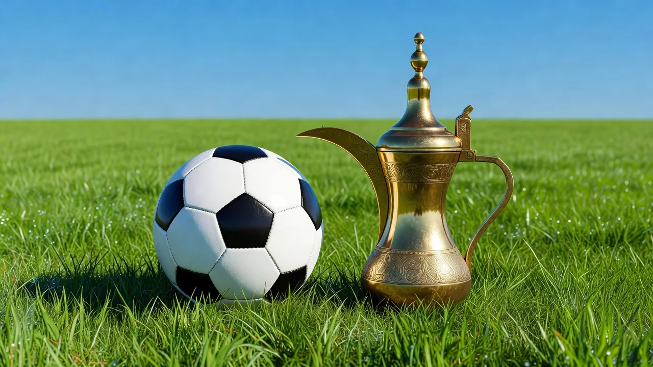 دلة قهوة تقليدية بجوار كرة قدم على العشب