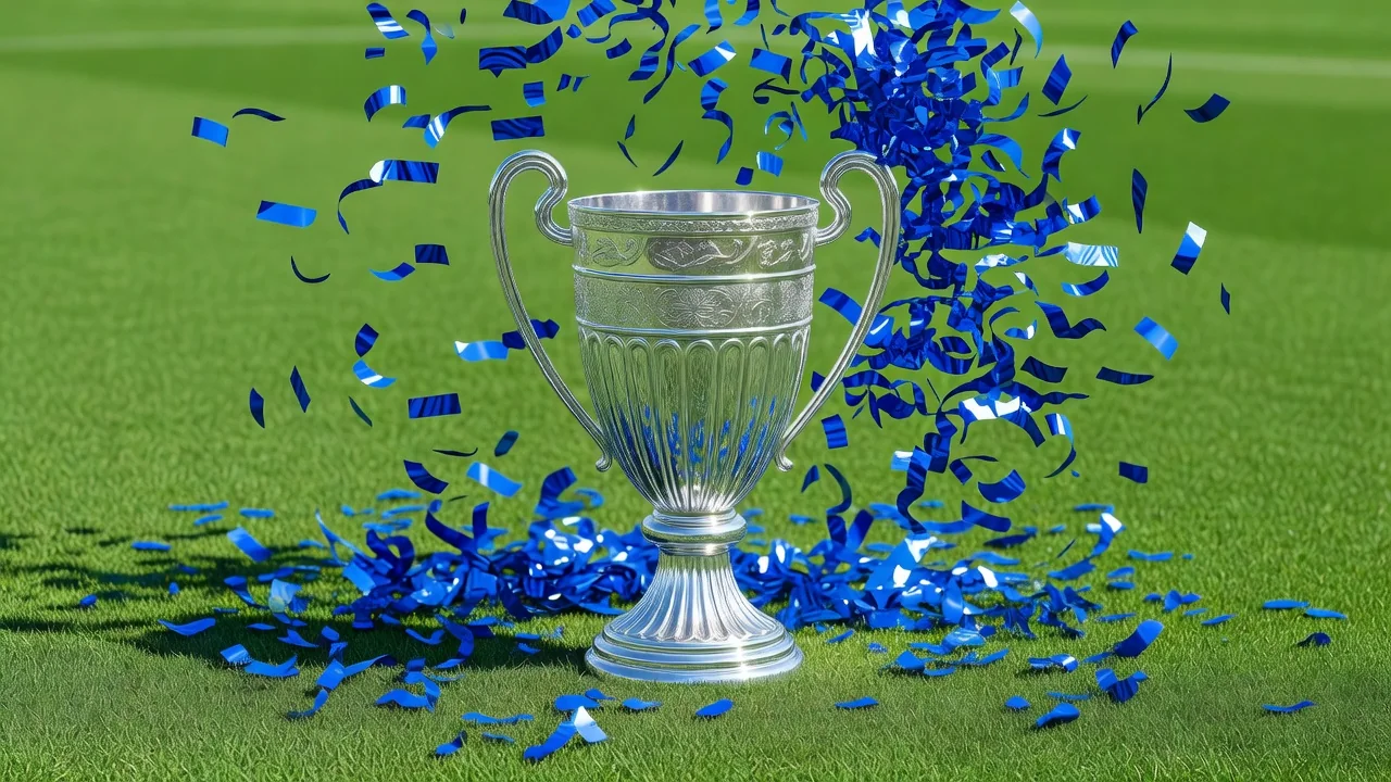 كأس فضية كبيرة تحيط بها قصاصات زرقاء متطايرة