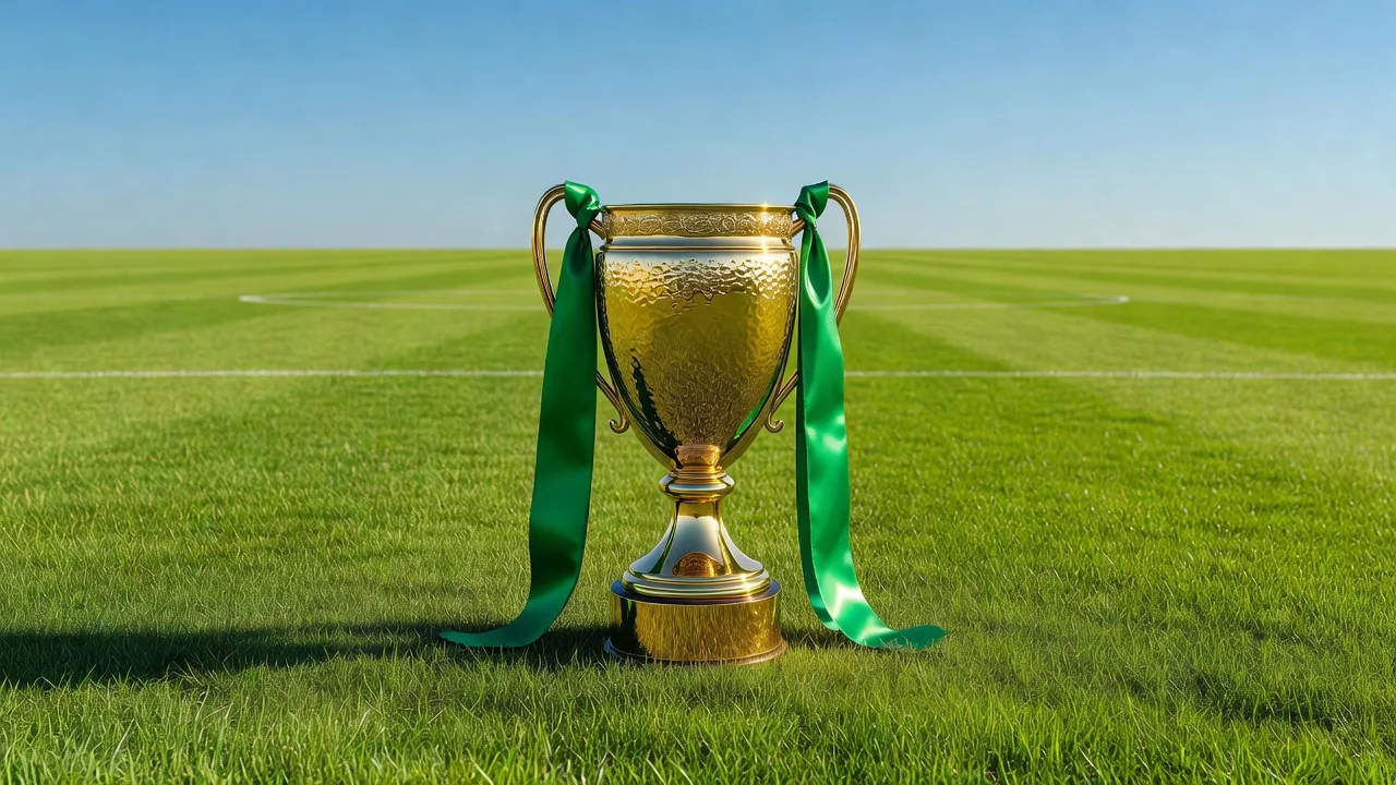 كأس ذهبية بشريط أخضر على عشب ملعب مشمس